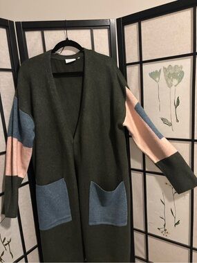 Foil Olive Green Colorblock Long Open Cardigan Sweater
